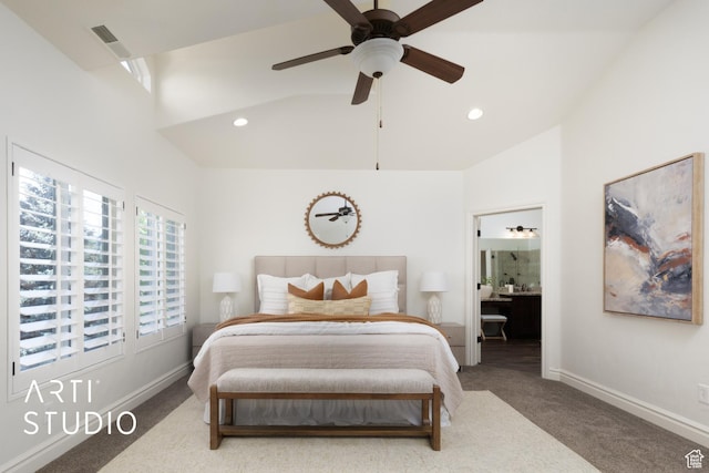 2188 E Tuscany Creek Way S, Draper, UT 84020 - carpeted bedroom featuring ensuite bath, baseboards, high vaulted ceiling, recessed lighting, and ceiling fan