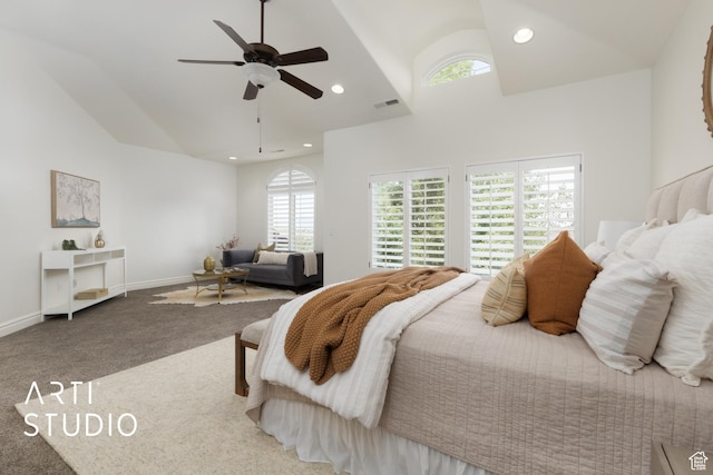 2188 E Tuscany Creek Way S, Draper, UT 84020 - carpeted bedroom with multiple windows, high vaulted ceiling, recessed lighting, baseboards, and ceiling fan