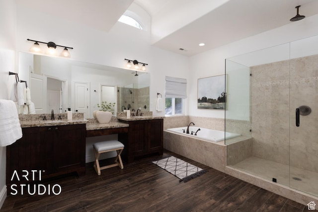2188 E Tuscany Creek Way S, Draper, UT 84020 - bathroom featuring a stall shower, a garden tub, wood finished floors, and vanity