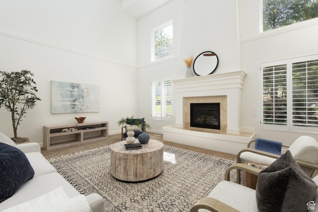 2188 E Tuscany Creek Way S, Draper, UT 84020 - living room with a high ceiling, plenty of natural light, a fireplace, and carpet