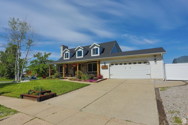 1062 Creek View Dr, Fruit Heights, UT 84037 - cape cod home with an attached garage, a porch, concrete driveway, and a chimney