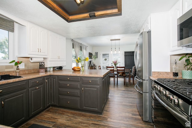 1062 Creek View Dr, Fruit Heights, UT 84037 - kitchen featuring appliances with stainless steel finishes, white cabinets, a peninsula, dark wood-style flooring, and backsplash