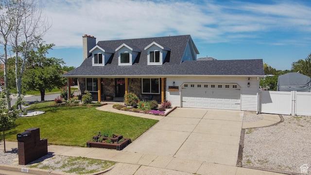 1062 Creek View Dr, Fruit Heights, UT 84037 - cape cod house with an attached garage, a gate, a porch, a chimney, and driveway