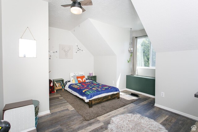 1062 Creek View Dr, Fruit Heights, UT 84037 - bedroom with wood finished floors, lofted ceiling, a textured ceiling, baseboards, and ceiling fan