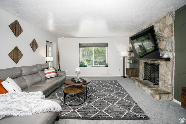 1062 Creek View Dr, Fruit Heights, UT 84037 - carpeted living area featuring a textured ceiling, a fireplace, and baseboards