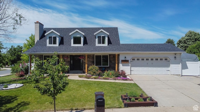 1062 Creek View Dr, Fruit Heights, UT 84037 - cape cod home featuring an attached garage, driveway, a chimney, a shingled roof, and covered porch