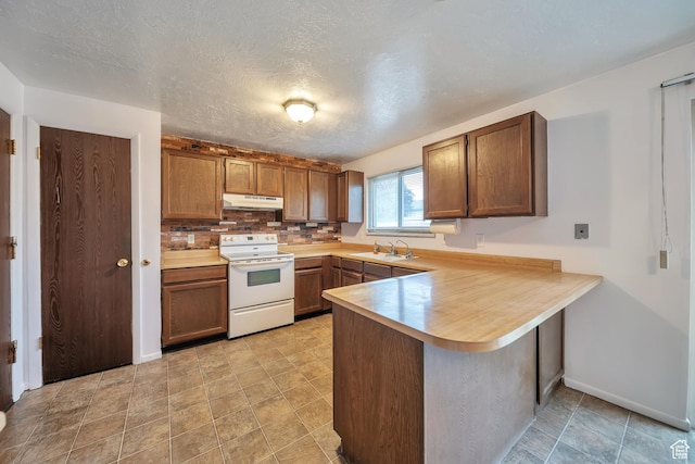 5373 S Clover Meadow Dr W, Murray, UT 84123 - kitchen featuring white electric stove, under cabinet range hood, a peninsula, and light countertops