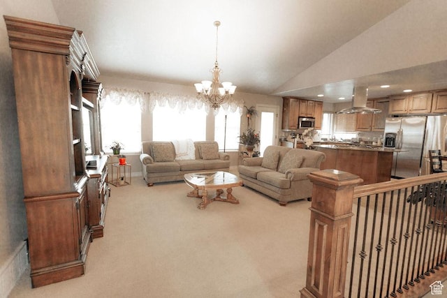 3234 N 550 W, Pleasant View, UT 84414 - living room with light carpet, a chandelier, and vaulted ceiling