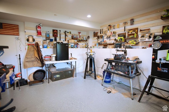 3234 N 550 W, Pleasant View, UT 84414 - miscellaneous room featuring recessed lighting, speckle patterned floor, and a workshop area