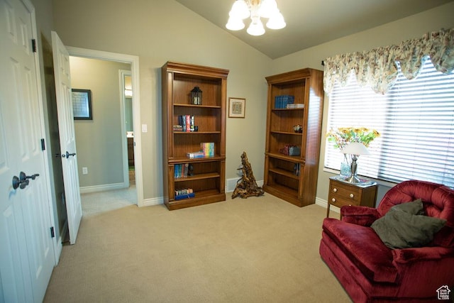 3234 N 550 W, Pleasant View, UT 84414 - living area with a chandelier, vaulted ceiling, light carpet, and baseboards