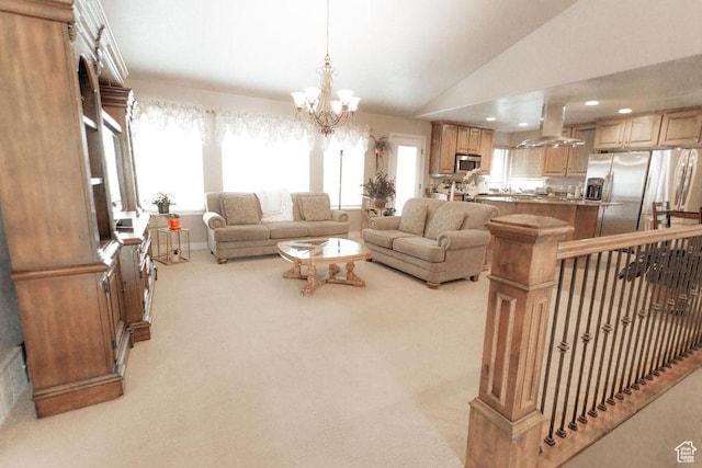 3234 N 550 W, Pleasant View, UT 84414 - living area with light carpet, vaulted ceiling, a chandelier, and recessed lighting