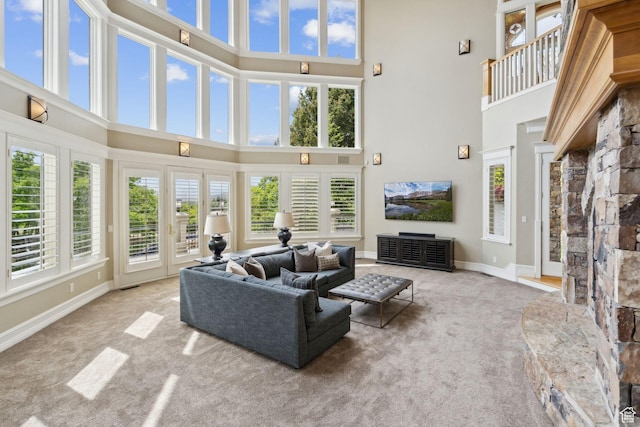 870 E Quail Hollow Cir, Alpine, UT 84004 - living room featuring a towering ceiling, carpet floors, and baseboards