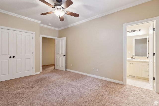 870 E Quail Hollow Cir, Alpine, UT 84004 - unfurnished bedroom with carpet floors, crown molding, a closet, ensuite bathroom, and baseboards