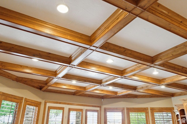 870 E Quail Hollow Cir, Alpine, UT 84004 - detailed view of coffered ceiling, beamed ceiling, recessed lighting, and french doors