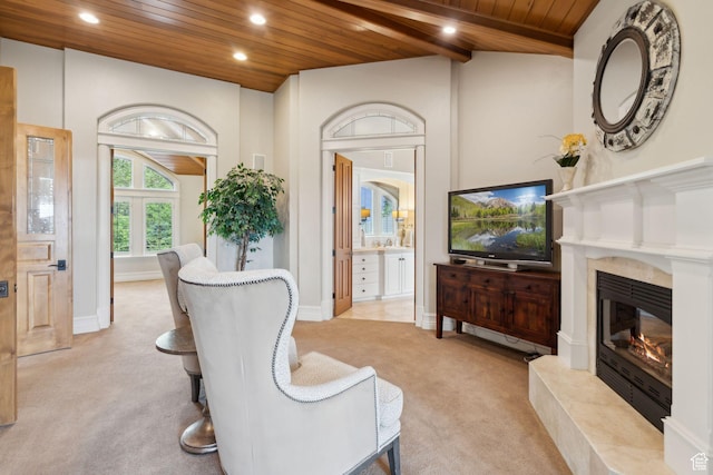 870 E Quail Hollow Cir, Alpine, UT 84004 - living room with wooden ceiling, light colored carpet, a premium fireplace, recessed lighting, and baseboards