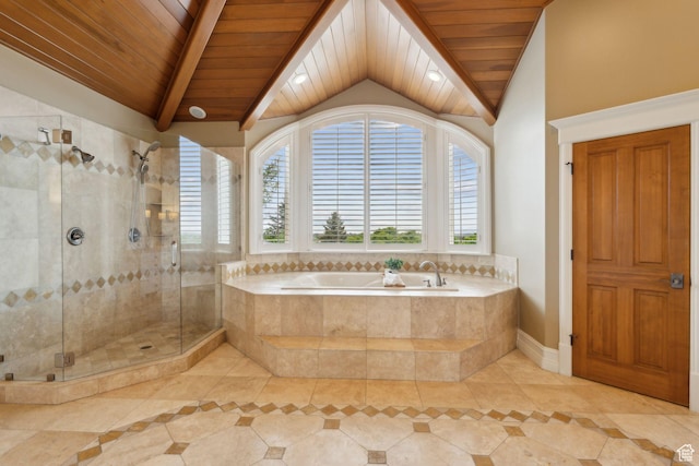 870 E Quail Hollow Cir, Alpine, UT 84004 - bathroom with wood ceiling, a bath, tile patterned flooring, a stall shower, and inlaid floor details