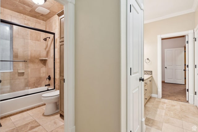 870 E Quail Hollow Cir, Alpine, UT 84004 - full bathroom featuring toilet, enclosed tub / shower combo, crown molding, vanity, and tile patterned floors