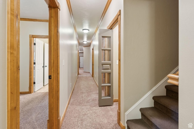870 E Quail Hollow Cir, Alpine, UT 84004 - hallway featuring carpet, ornamental molding, and stairway