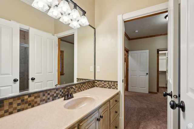 870 E Quail Hollow Cir, Alpine, UT 84004 - bathroom with vanity, crown molding, a chandelier, and backsplash
