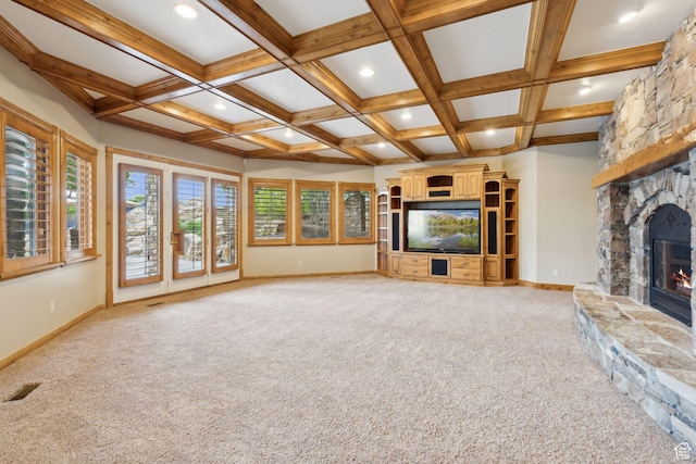 870 E Quail Hollow Cir, Alpine, UT 84004 - unfurnished living room featuring baseboards, light colored carpet, a stone fireplace, beamed ceiling, and coffered ceiling