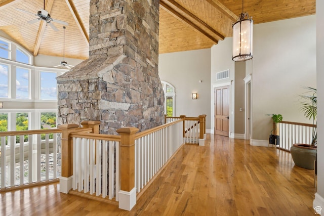 870 E Quail Hollow Cir, Alpine, UT 84004 - corridor with high vaulted ceiling, wooden ceiling with exposed beams, an upstairs landing, hardwood / wood-style floors, and baseboards