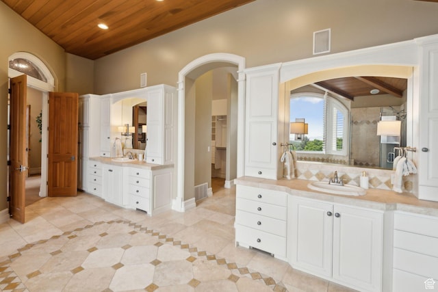 870 E Quail Hollow Cir, Alpine, UT 84004 - full bathroom featuring wood ceiling, two vanities, tile patterned flooring, recessed lighting, and baseboards
