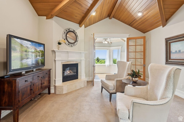 870 E Quail Hollow Cir, Alpine, UT 84004 - living area with light colored carpet, wooden ceiling, a high end fireplace, ceiling fan, and baseboards