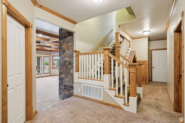 870 E Quail Hollow Cir, Alpine, UT 84004 - stairway with carpet floors, crown molding, beamed ceiling, and baseboards