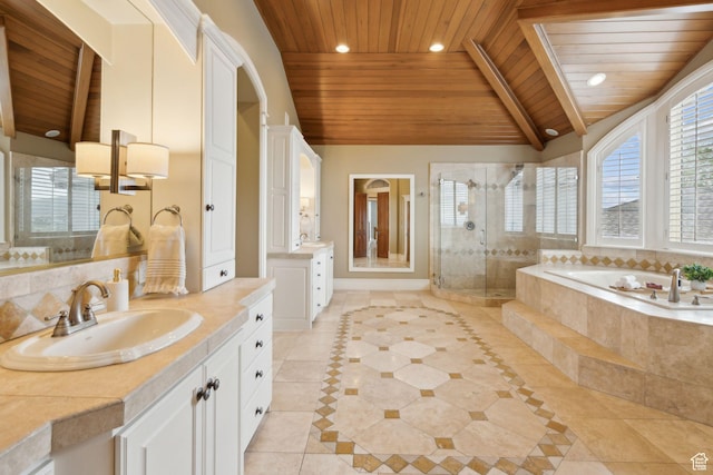 870 E Quail Hollow Cir, Alpine, UT 84004 - full bath with wooden ceiling, tile patterned floors, two vanities, a shower stall, and a bath