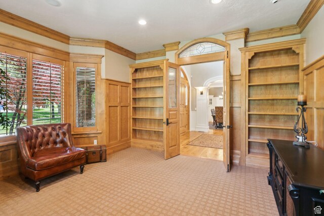 870 E Quail Hollow Cir, Alpine, UT 84004 - sitting room featuring carpet, arched walkways, ornamental molding, and recessed lighting