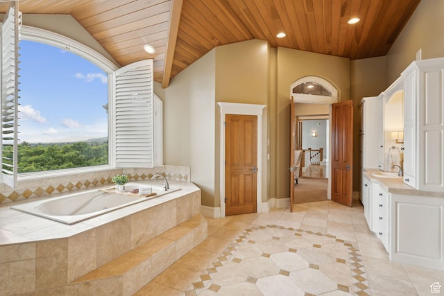 870 E Quail Hollow Cir, Alpine, UT 84004 - bathroom with tile patterned flooring, wooden ceiling, lofted ceiling, a tub with jets, and vanity