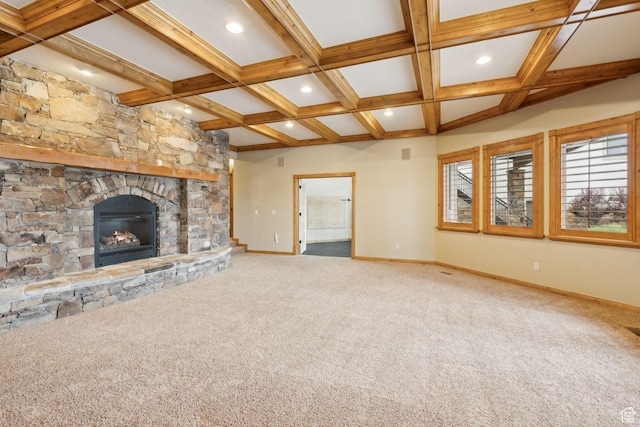 870 E Quail Hollow Cir, Alpine, UT 84004 - unfurnished living room with baseboards, carpet, a fireplace, beamed ceiling, and recessed lighting