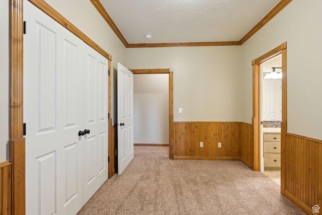 870 E Quail Hollow Cir, Alpine, UT 84004 - hall with a wainscoted wall, crown molding, wooden walls, and carpet floors