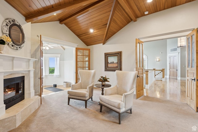 870 E Quail Hollow Cir, Alpine, UT 84004 - living area with carpet flooring, wood ceiling, a high end fireplace, a ceiling fan, and baseboards