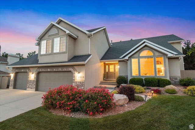 2603 E Cupecoy Dr, Cottonwood Heights, UT 84121 - traditional-style home featuring stone siding, stucco siding, a garage, driveway, and roof with shingles