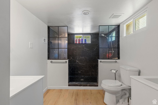 1250 E Center St, Springville, UT 84663 - bathroom featuring vanity, toilet, wood finished floors, a marble finish shower, and baseboards