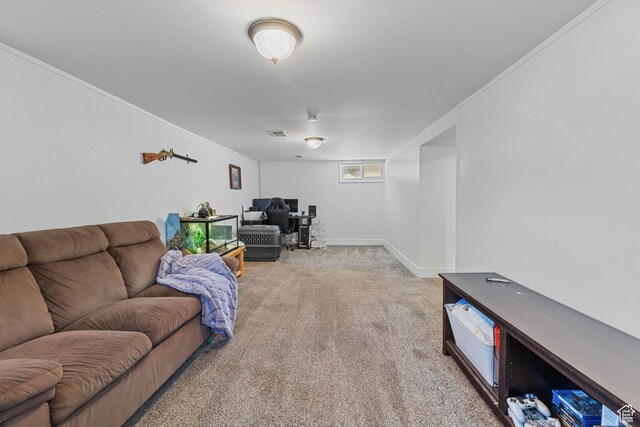 1250 E Center St, Springville, UT 84663 - living room with a desk, light carpet, crown molding, and baseboards