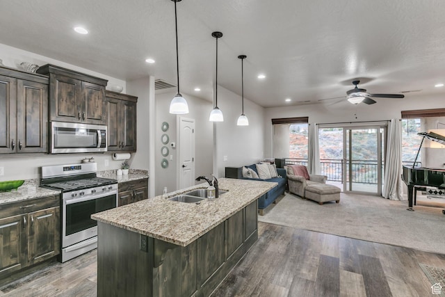 533 N Creek Ridge Cir, Washington, UT 84780 - kitchen featuring appliances with stainless steel finishes, a sink, dark brown cabinetry, ceiling fan, and open floor plan