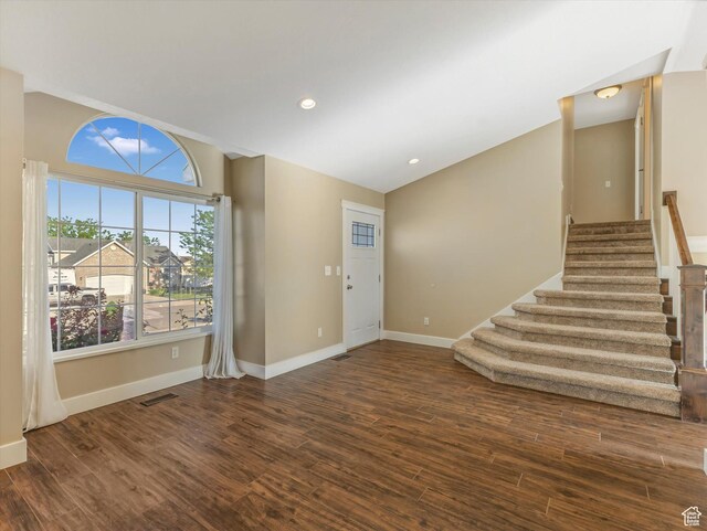 5986 S 4250 W, Roy, UT 84067 - entrance foyer with stairs, wood finished floors, baseboards, lofted ceiling, and recessed lighting