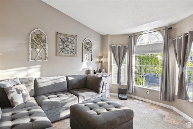 1158 N 2675 W, Layton, UT 84041 - living area with baseboards, light tile patterned flooring, lofted ceiling, and a textured ceiling