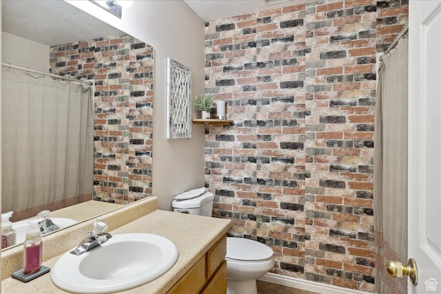 1158 N 2675 W, Layton, UT 84041 - bathroom with vanity, brick wall, toilet, and curtained shower