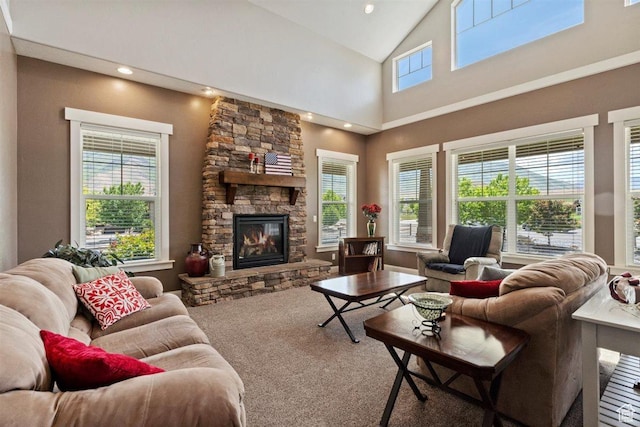 1097 E Highline Rd, Lake Point, UT 84074 - living room featuring a stone fireplace and high vaulted ceiling