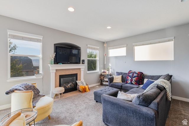 2869 W Chestnut St, Lehi, UT 84043 - living room featuring carpet flooring, baseboards, recessed lighting, and a fireplace with flush hearth