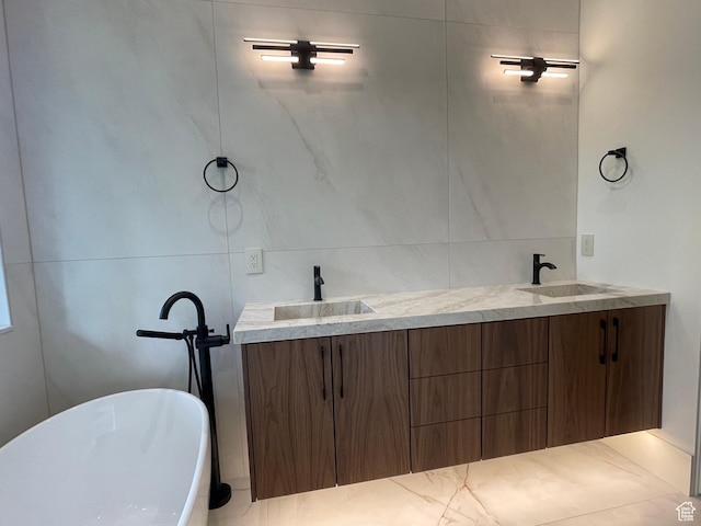 101 Crestview Cir, Park City, UT 84098 - bathroom with a freestanding bath, double vanity, and tile walls