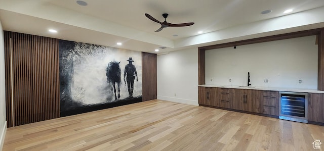 101 Crestview Cir, Park City, UT 84098 - indoor wet bar featuring wine cooler, light wood-type flooring, a ceiling fan, baseboards, and recessed lighting