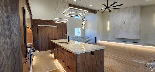 101 Crestview Cir, Park City, UT 84098 - kitchen with a sink, a kitchen island with sink, open floor plan, light wood finished floors, and modern cabinets