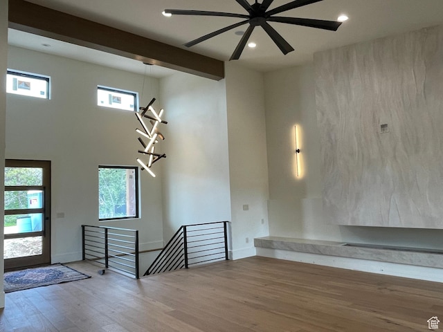 101 Crestview Cir, Park City, UT 84098 - foyer with wood finished floors, recessed lighting, beamed ceiling, a ceiling fan, and a towering ceiling