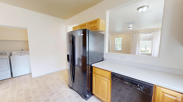 4937 W Calton Ln S, South Jordan, UT 84009 - kitchen featuring black appliances, washing machine and dryer, light brown cabinetry, light countertops, and light floors