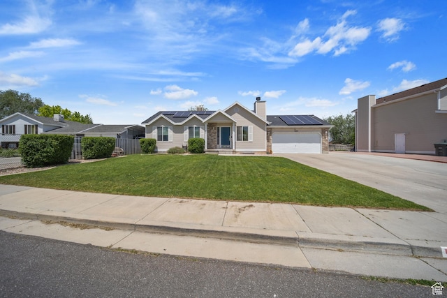 6262 W Contadora Dr S, West Valley City, UT 84128 - ranch-style house featuring driveway, roof mounted solar panels, a garage, and a chimney