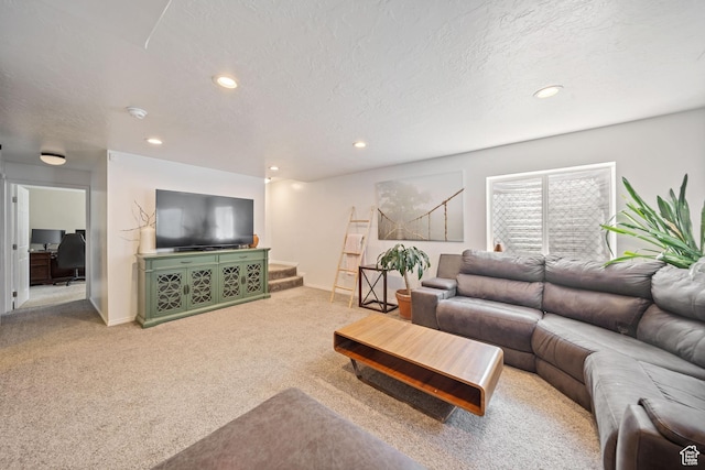 6262 W Contadora Dr S, West Valley City, UT 84128 - living area featuring carpet floors, stairway, recessed lighting, baseboards, and a textured ceiling